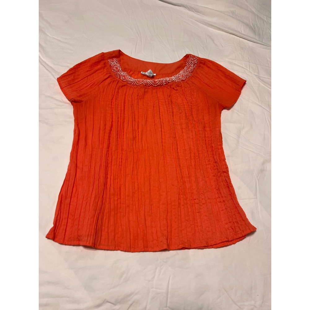 Rebecca Malone Orange Beaded Neckline Crinkle Broomstick Blouse Medium
